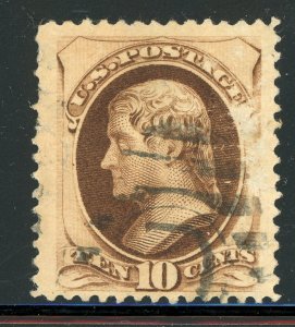 USA 1879 Jefferson 10¢ Brown ABN Print Scott # 187 VFU N70 ⭐⭐⭐⭐⭐⭐ 