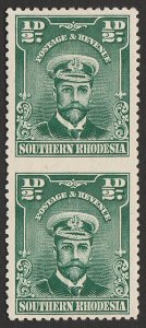 SOUTHERN RHODESIA 1924 KGV Admiral ½d pair, error IMPERF BETWEEN. Very rare.