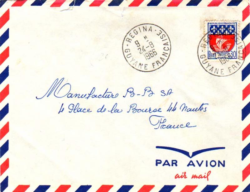 French Guiana France 30c Paris Arms 1966 Regina, Guyane Francaise Airmail to ...