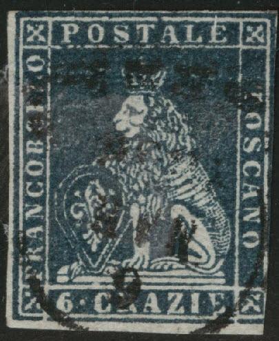 Tuscany Scott 7a blue used 1851 wmk 185  nice cancel CV$350 