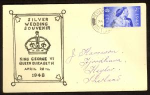 GREAT BRITAIN 1948 KGVI 2 1/2d SILVER WEDDING on CACHET FDC HEYLOR SHETLAND PMK