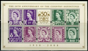 Great Britain 2008 - 50th ANN OF COUNTRY DEFINITIVES MNH S/Sheet # 2600