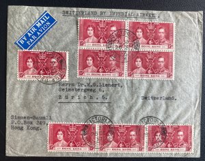 1937 Victoria Hong Kong Airmail Cover To Zurich Switzerland Swiss Label