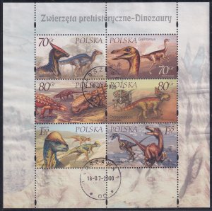 Poland 2000 Sc 3508a Prehistoric Animals Dinosaurs Stamp MS Used NG NH