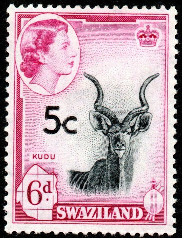 1961 Swaziland Sg 72a 5c on 6d black and magenta - Overprint High - Mounted Mint