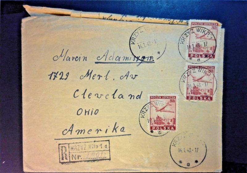 Poand 1948 Registered Airmail Cover to USA (Top Stamp Partial Off Envelope) - Z8 