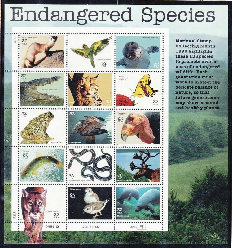 US 3105 MNH 32¢ ENDANGERED SPECIES Full Pane of 15 Very Fine