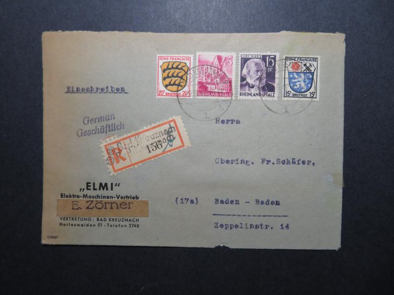 Germany 1947 Rheinland Registered Cover to Baden-Baden - Z11738