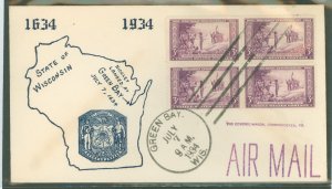 US 739 1934 3c Wisconsin Tercentenary bl of 4 on an addressed FDC with a covered wagon cachet