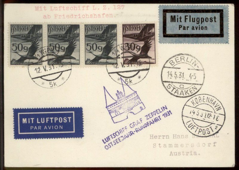 Austria 1931 Graf Zeppelin Cover Si108 Ostseerundfahrt 27 Flown Copenhagen 99548