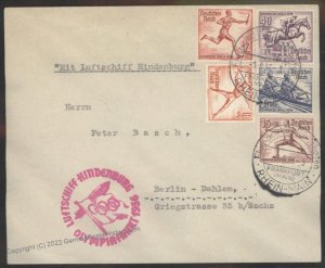 Germany 1936 Berlin Olympics Hindenburg LZ129 Zeppelin Mi32Ia Flown Cover 110203