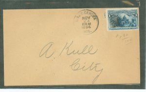 US 230 1894 1c Columbian (sight of land) on drop rate cover sent from and to Lake Geneva, Wisconsin