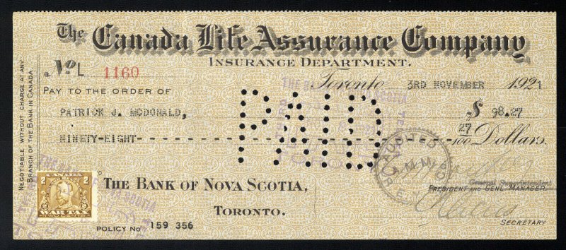 C14 Canada Life Assurance Co. bank draft, 1921, revenue stamp Van Dam #FWT8