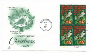 US 1445 8c Christmas Partridge pl # blk 4 FDC Artcraft Cachet Unadd ECV $15.00