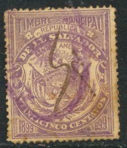 EL SALVADOR 1899 25c ARMS Municipal Revenue Ross M50 Used