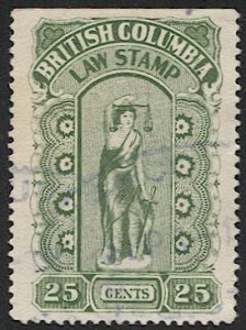 CANADA British Columbia 1912 25c Used Law Stamp Revenue, VD BCL-23