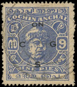 COCHIN (INDIAN STATE) Sc O78 USED-1946 9p Ravi Varma - OFFICIAL - Sound