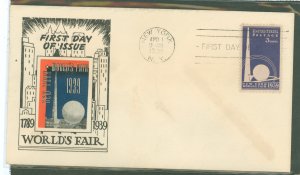 US 853 1939 3c world's fair, trylon & perisphere single on unaddressed, toned fdc with a sidenius cachet