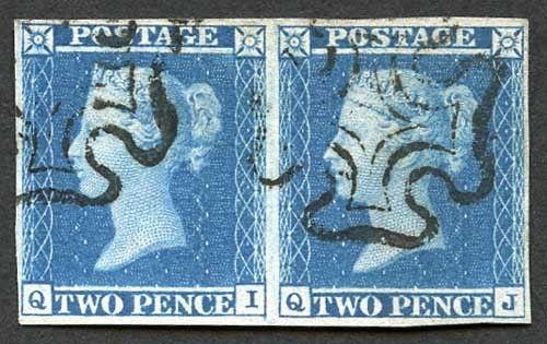 1841 2d Blue (QI/QJ) Plate 3 Superb Four Margin PAIR with Maltese Crosses