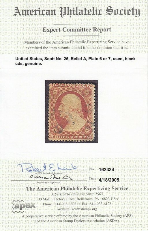 25 F-VF used neat light cancel APS cert nice color cv $ 175 ! see pic !