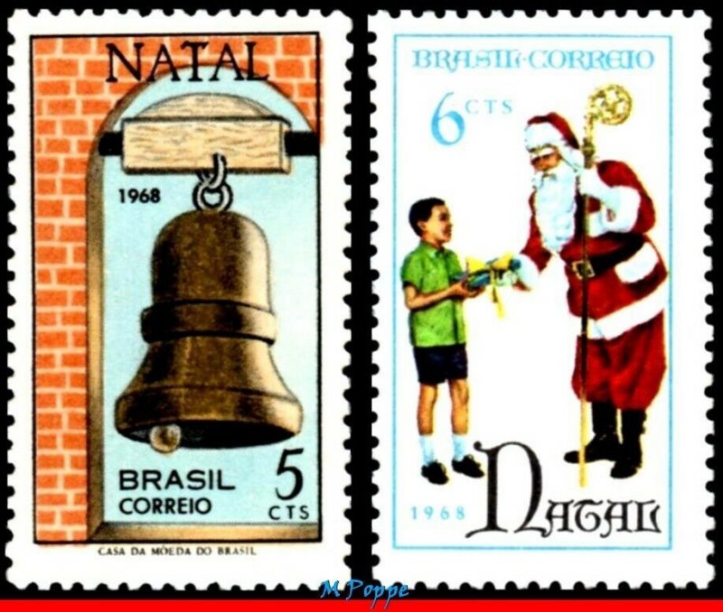 1110-11 BRAZIL 1968 CHRISTMAS, SANTA CLAUS AND BELL, RELIGION, SET MNH