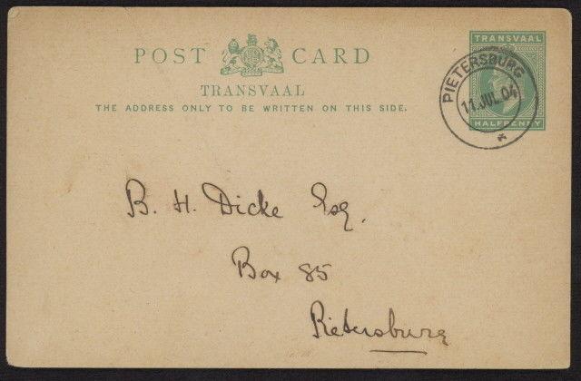 Transvaal 1904 Pietersburg Club postal stationery card w/Pietersburg pmk