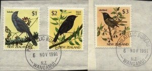 NEW ZEALAND 1985-89 Birds $1, $2 & $3 fine used on pieces..................70444