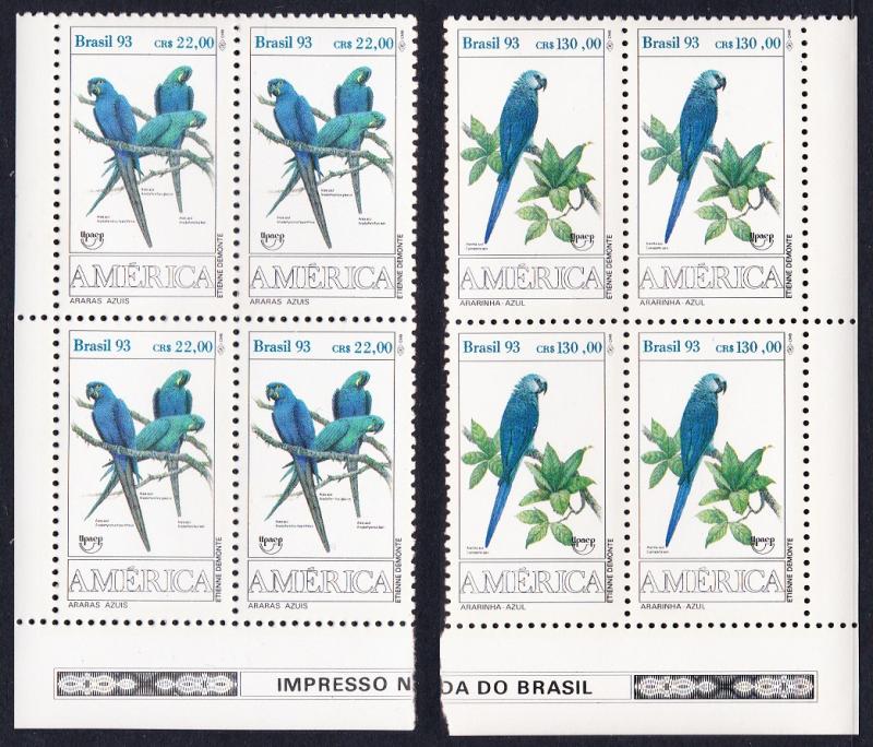 Brazil Birds Endangered Macaws 2v Bottom Left Corner Block of 4 SG#2599-2600