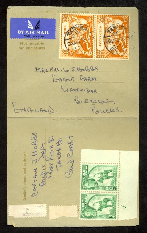 GOLD COAST 1950 FORMULAR AEROGRAMME 2x UPU Sc 145 & KGVI 1/2d Plate 1 Pair to GB