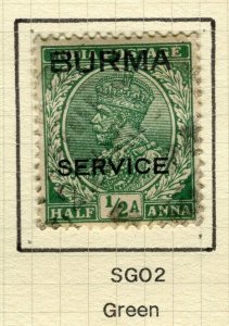 BURMA; 1937 early GV Optd. issue fine used Shade of 1/2a. value