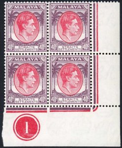 Straits Settlements SG288 40c Plate 1 Block U/M Scarce