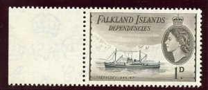 Falkland Islands Dep 1962 QEII 1d black & sepia (De La Rue ptg) MNH. SG G27b.