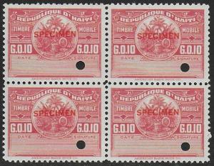 Haiti 1920 Revenue PROOF Mobile Stamp 10c Pink (Re-issue of 1924) BLOCK VF-NH-