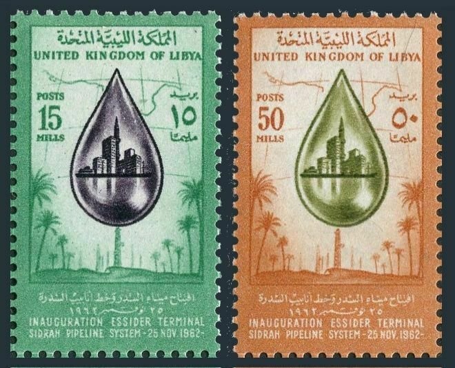 Libya 226-227, MNH. Mi 128-129. Sidrah Pipeline System, 1962. Drop of oil, Map.