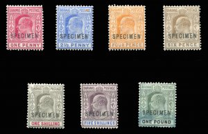 Bahamas #37-43S (SG 62-70s) Cat£300, 1902 Edward, 1p-£1, overprinted Specim...