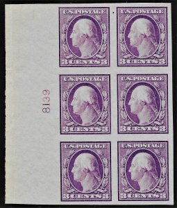 US 1917 Sc. #483 Plate Block VFNH, NPI, bend at left edge of selvedge, CV $200