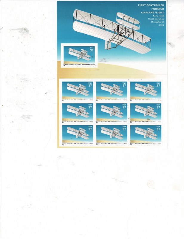 Controlled Powered Airplane Flight Wright Brothers 37c US Postage Block #3783