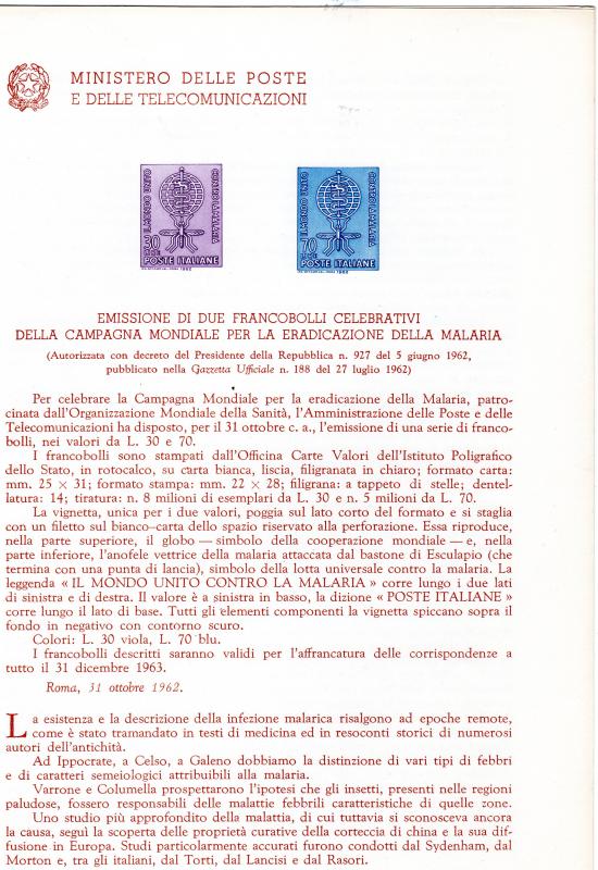 Italy 1962 Malaria-Mosquito - WHO -   Bollettini Illustrativi #B88 RARE