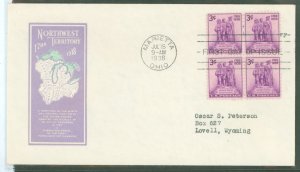US 837 1938 3c Northwest Territory Sesquicentennial (block of 4) on an addressed (typed) FDC with an Ioor Cachet
