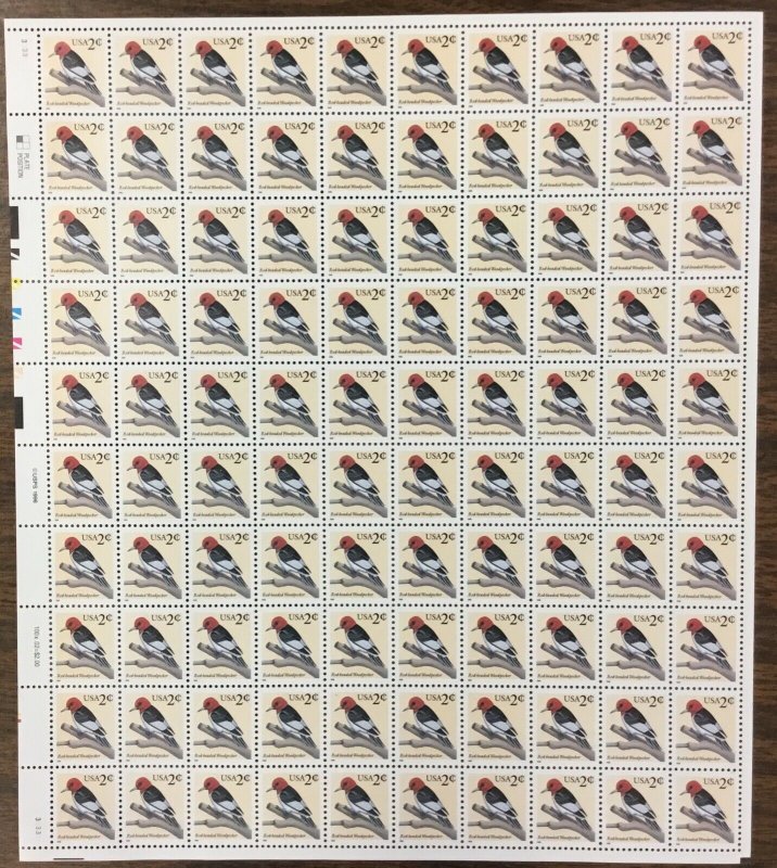 3032  Red-headed Woodpecker.  MNH 2 cent sheet of 100.  Plate Number 33333. 1996