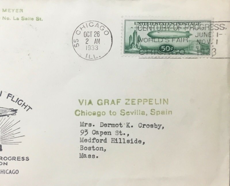 1933 Chicago USA LZ127 Graf Zeppelin Flight cover To Century Of Progress Exhibit