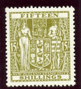 New Zealand 1940 KGVI Arms Fiscal 15s sage-green MLH. SG F202. Sc AR85.