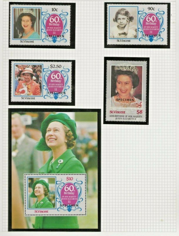 ST.VINCENT 1986 60TH BIRTHDAY QUEEN ELIZABETH,OVERPRINT SPECIMEN SET+S/S PERF