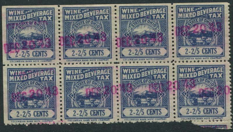 US STAMP REVENUE STATE OF OHIO WINE AND MIXED BEVERAGE TAX 2-2/5c Block of 8