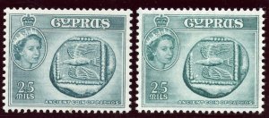 Cyprus 1955 QEII 25m 'Coin' in the two listed shades superb MNH. SG 179, 179a.