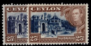 CEYLON GVI SG392 + 392a, 25c WMK VARIEITES, M MINT.