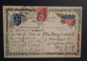 1918 USA American Expeditionary Forces KOC Postcard Cover APO to NY Christmas