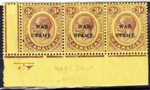 JAMAICA SG 72 War Tax - 3 Mint Hinged  Lemon Middle stamp wari instead of war