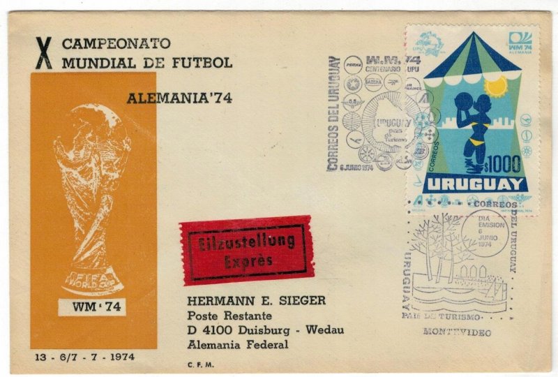 Uruguay 1974 FDC Stamp Scott 882 UPU World Soccer Championship Tourism