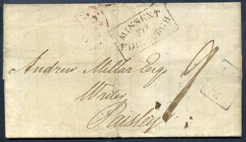 Great Britain 1827 letter sheet entire sent to Paisley, Missent to Edinburgh